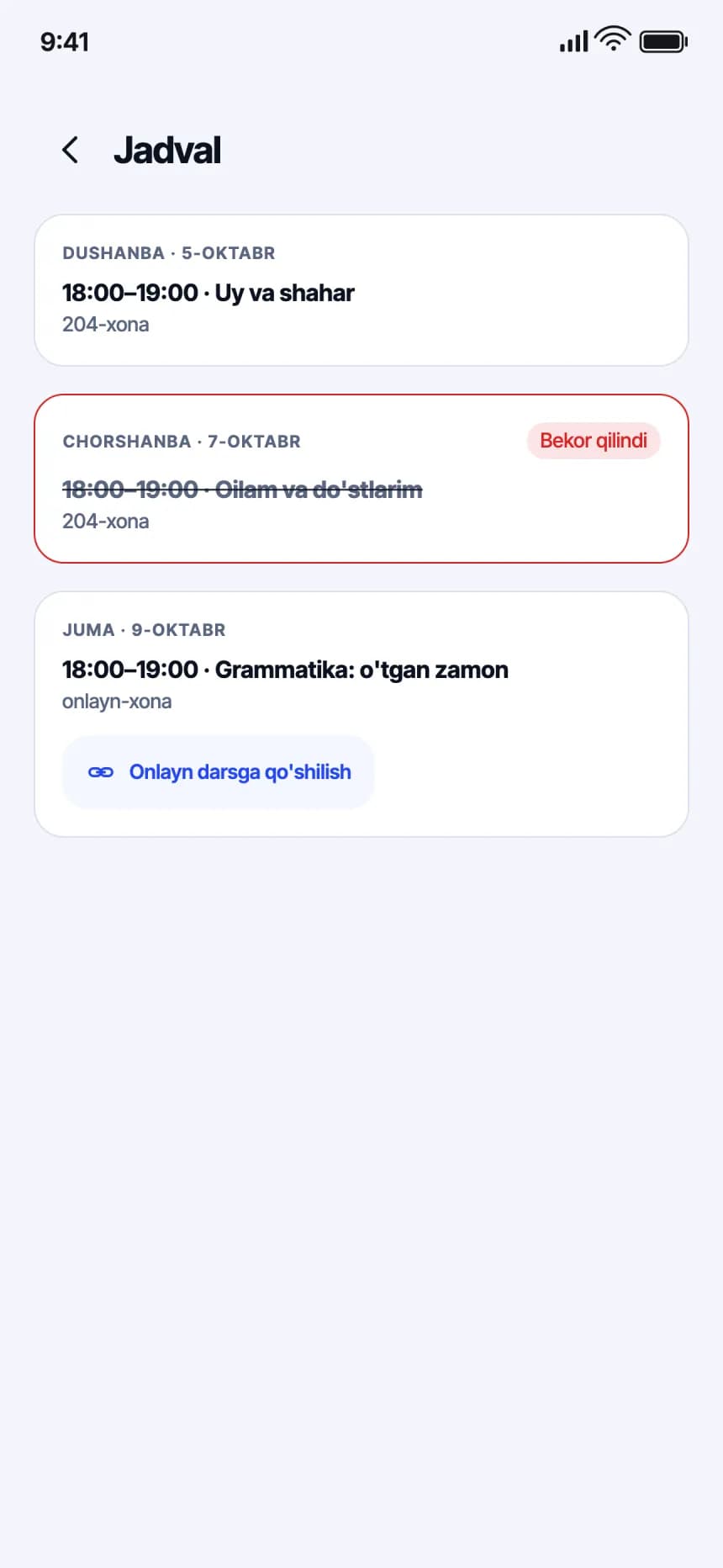 Ilmus O'quvchi: Dars jadvali
